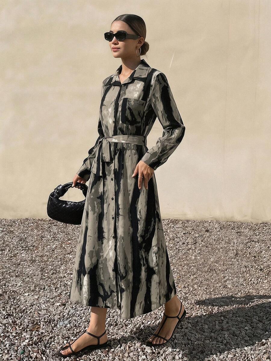 DAZY Vestido camisa de manga larga y cuello elegante para primavera y verano, nuevo vestido midi con cinturón y fluido de longitud media, vestido midi casual con degradado de tinta para mujeres - Gris - Ver 1