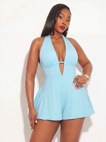Radiana Plus Size Women's Solid Color Deep V-Neck Halter Romper Vacation Blue Summer - Blue - View 7
