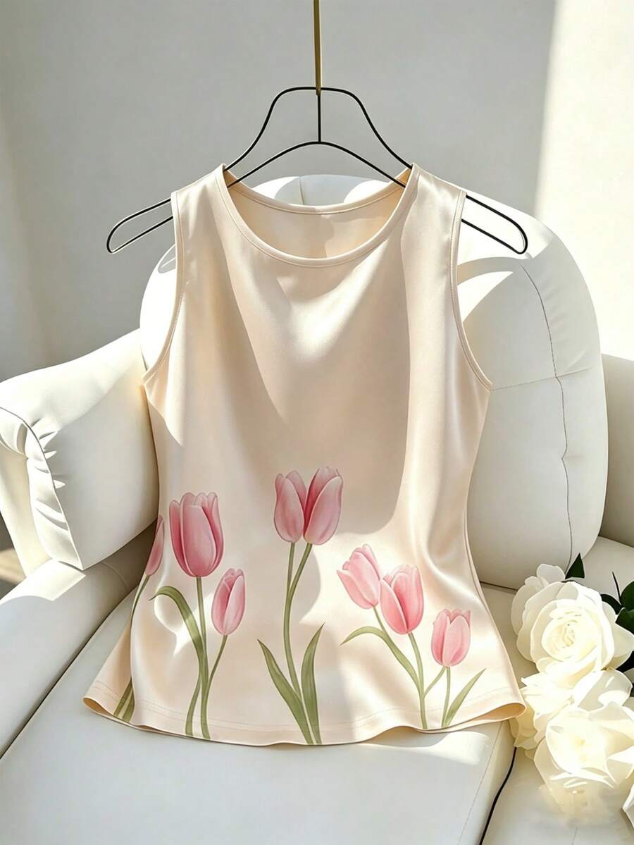Franclia 女士优雅印花圆领无袖背心，夏季