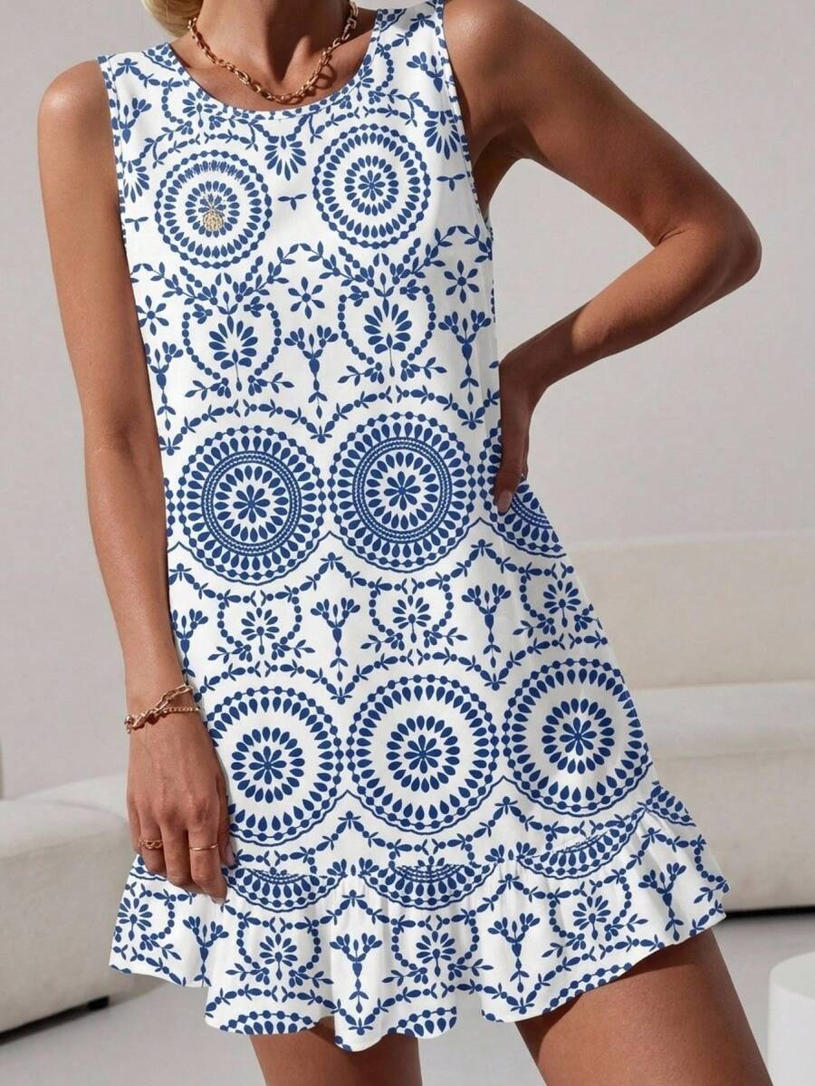 SHEIN LUNE Đầm ngắn in họa tiết dành cho nữ, thích hợp cho mùa xuân và mùa hè. - Nhiều màu - Xem 1