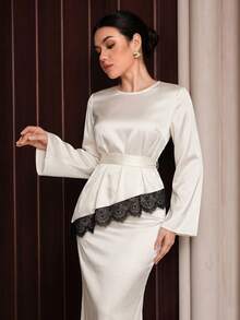 Graceveil Bộ 2 món kiểu Pháp thanh lịch, gồm chân váy đuôi cá buộc dây và eo chun, phối ren tương phản, chất liệu satin màu mơ. - Màu be - Xem 1