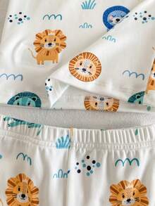 SHEIN 2pcs/Set Young BoyCute Cartoon Lion Print Short Sleeve Shorts Snug Fit Pajamas Set - Multicolor - View 6