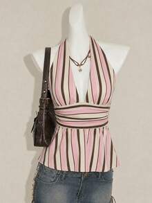 Attitoon Halter Deep V-Neck Cinched Waist A-Line Backless Camisole,Summer Top - Multicolor - View 3