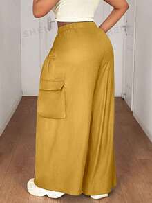 Maweii Pantalones anchos de mujer talla grande con bolsillo de carga y cordón en la cintura, de unicolor - Amarillo - Ver 2