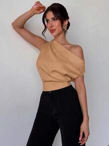 Firerie Áo kiểu nữ thanh lịch, cổ lệch bất đối xứng, thích hợp cho ngày Valentine và mùa hè, kiểu dáng thời trang mới, phù hợp cho công sở/thường ngày/kỳ nghỉ/lễ hội âm nhạc, áo sơ mi xếp ly bất đối xứng màu mơ. - Màu Khaki - Xem 4