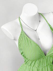 Rustia Plus Size Women Deep V-Neck Sexy Halter Striped Dress - Green - View 3