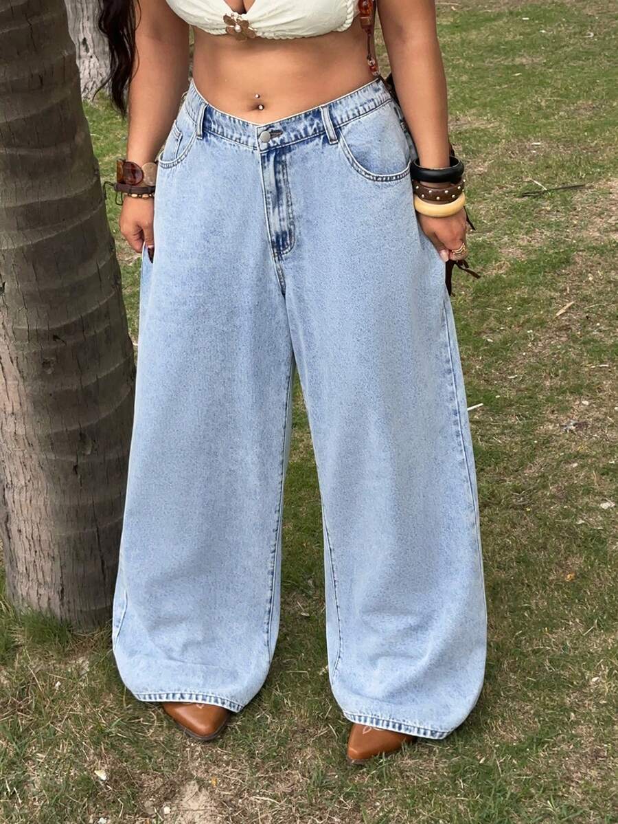 Jeanoix Quần jeans nữ dáng suông rộng rãi, chất liệu wash nhẹ, cỡ lớn, phong cách Y2K. - Rửa nhẹ - Xem 1
