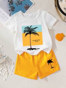 SHEIN Playful Pals 2件套婴幼儿0-3岁男女宝宝字母棕榈树印花圆领短袖T恤和抽绳短裤套装，适合户外运动、休闲外出、观光、度假，适合6个月至3岁的宝宝。 - 黃色 - 查看 8