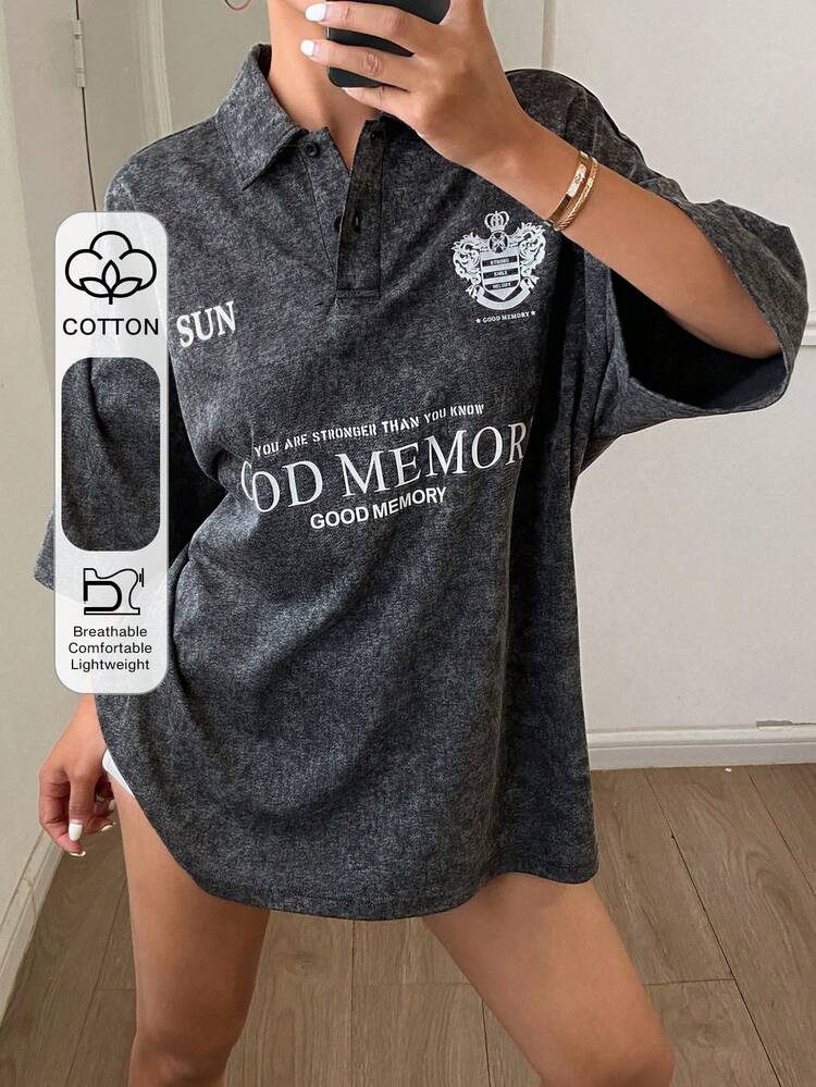 Women's Summer Turndown Collar Short Sleeve Loose Pullover Distressed Fabric Printed Casual Street T-Shirt Graphic Tees Women