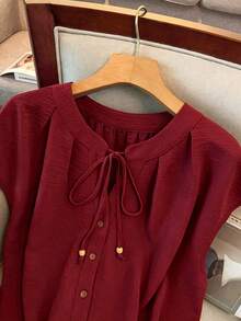 GlowEve CURVE Plus Size Women Elegant Eleganza Solid Color Round Neck Contrast Color Single-Breasted Drawstring Tank Top Sleeveless Formal Office Burgundy Summer - Burgundy - View 3