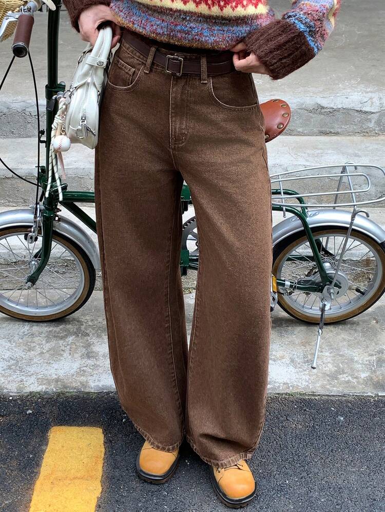 Women's Loose Straight Leg Brown Jeans, Casual Street Style