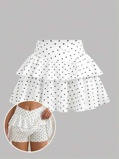 Girlism Falda mini con estampado de lunares blancos para niñas/preadolescentes, informal, deportiva, escolar, vuelta al colegio, con pantalón corto incorporado, falda con volantes en el bajo, diseño de cintura cruzada, para primavera y verano