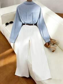 INAWLY 2pcs/Set Casual Commuter Striped Long Sleeve Shirt (With Belt Decor) And Straight Leg Pants Set - Blue and White - View 2