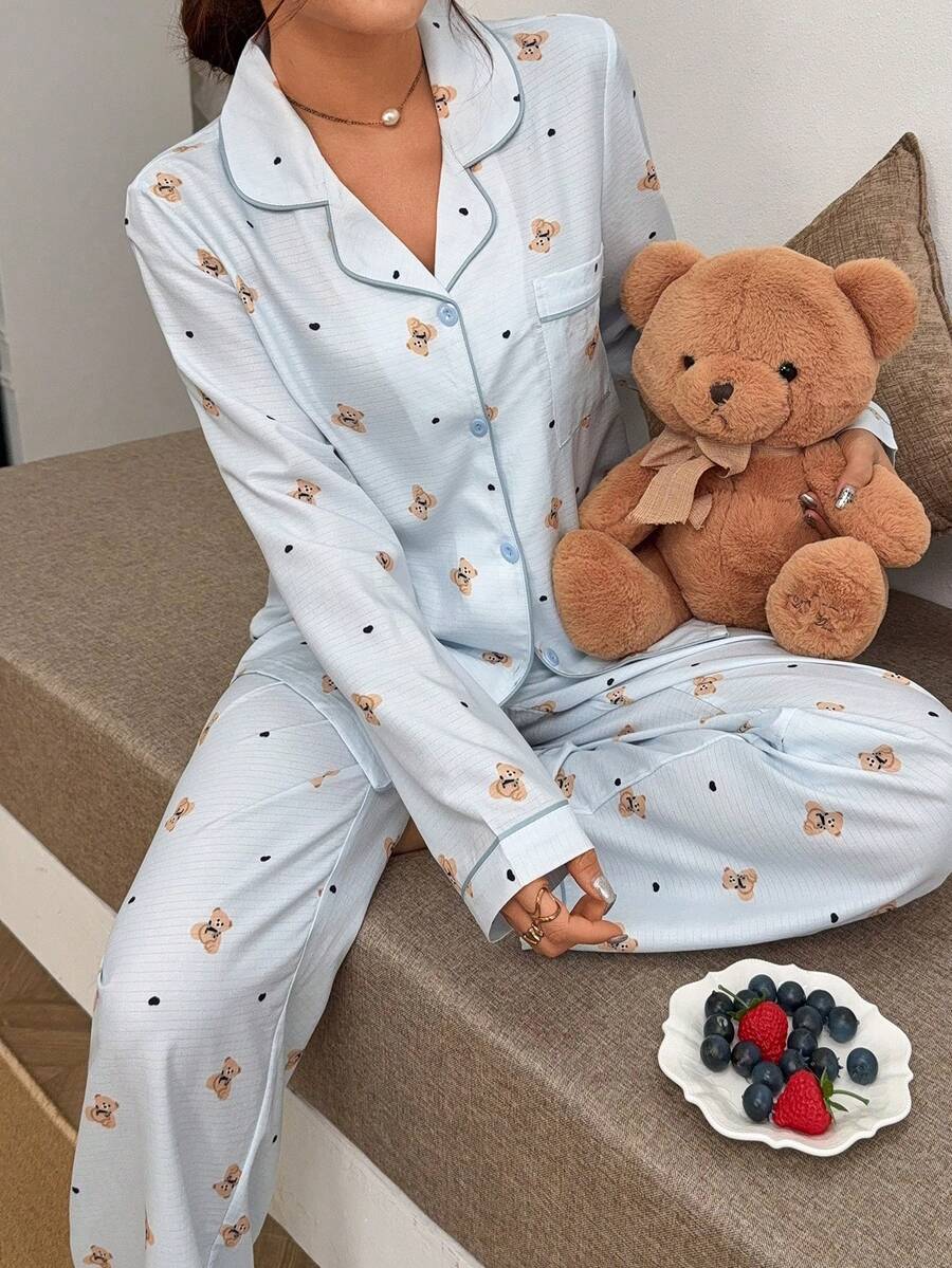 Napfluff Bộ đồ ngủ nữ gồm áo khoác cardigan cổ bẻ in hình gấu hoạt hình dễ thương và bộ đồ ngủ có ve áo. - Xanh da trời - Xem 1