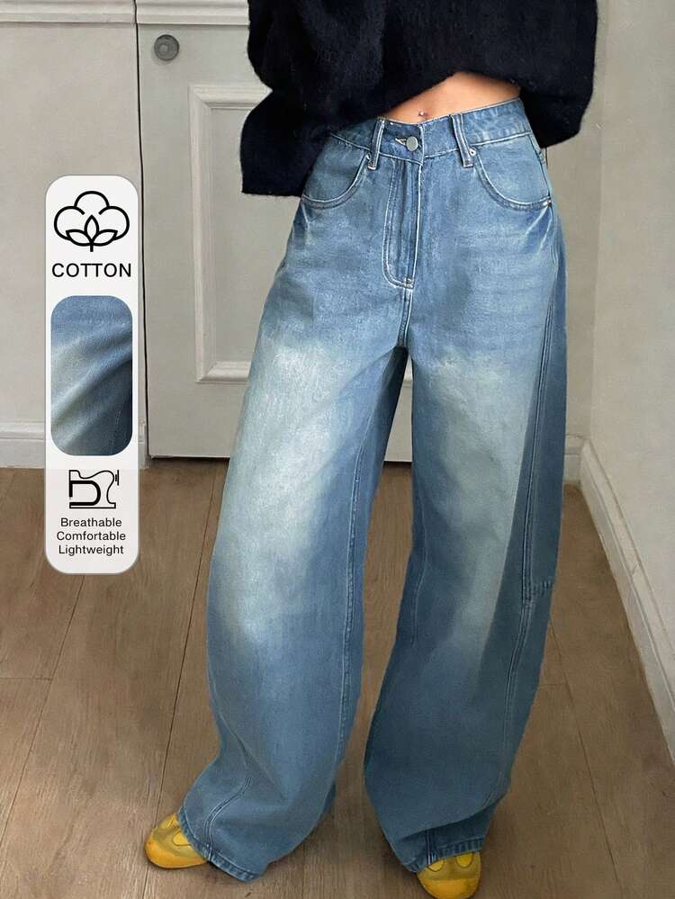 Women's Distressed Washed Wide Leg Jeans, Casual Street Style Loose Fit Cowboy Pants, Spring/Summer