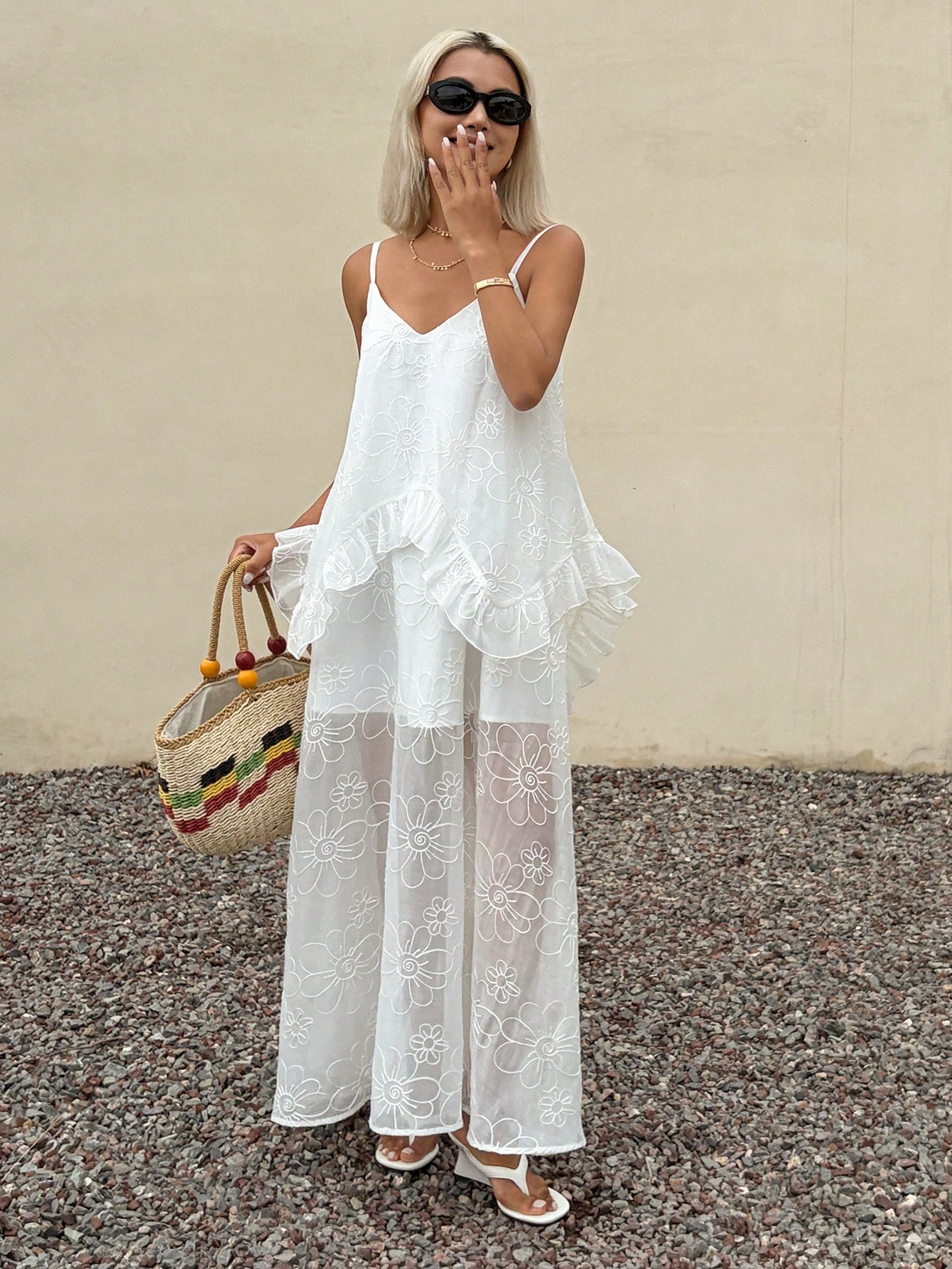 Dazy V Neck Spaghetti Strap Ruffle Hem Dress For Women, Vacation Sundress