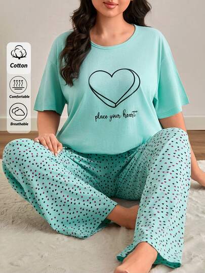 SHEIN 100% Cotton 2 Pcs Plus Size Women Short Sleeve Heart And Letter Patterned Sleep T-Shirt + Long Pants Two Pieces Casual Pajama Lounge Set