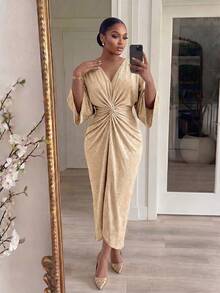 SHEIN Lady CURVE Đầm dự tiệc thanh lịch cổ chữ V, eo nhún, xoắn dành cho nữ cỡ lớn - Màu Khaki - Xem 5
