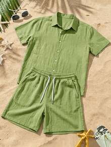 Manfinity RSRT Bộ đồ đi biển 2 món dành cho nam, áo sơ mi ngắn tay cài cúc và quần short có dây rút, thích hợp cho kỳ nghỉ hè. - màu xanh lá - Xem 5
