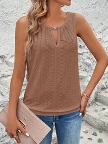 EMERY ROSE Camiseta de mujer con cuello de ojo de cerradura bordado - Marrón - Ver 5
