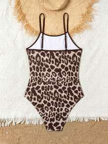 SHEIN Teen Girl Leopard Print Patchwork One-Piece Swimsuit, Suitable For Beach Vacation, Pool Party, Beach Party - Brown - View 2
