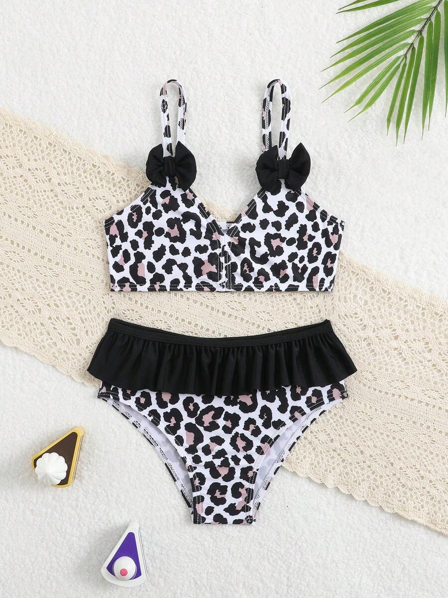 Young Girl Bow Decor Leopard Print Bikini Set, Girls 2 Pieces Ruffle Cheetah Bathing Suit For Summer, Beach, Family Vacation, Holiday, Tweens Swimwear - Multicolor - View 1