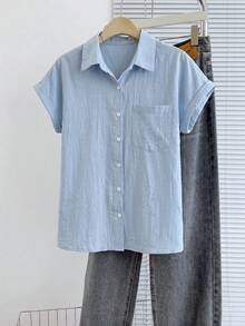 SHEIN Franclia 女士新款春夏蓝色100%纯棉宽松休闲衬衫，带口袋，适合日常、度假、海滩、办公室、工作、优雅场合、通勤等。 - 藍色 - 查看 4