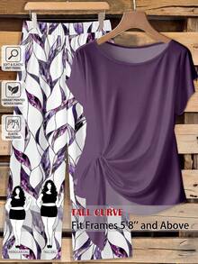 SHEIN Tall CURVE 大码女式纯色圆领短袖上衣和印花阔腿裤休闲两件套 - 紫色 - 查看 1
