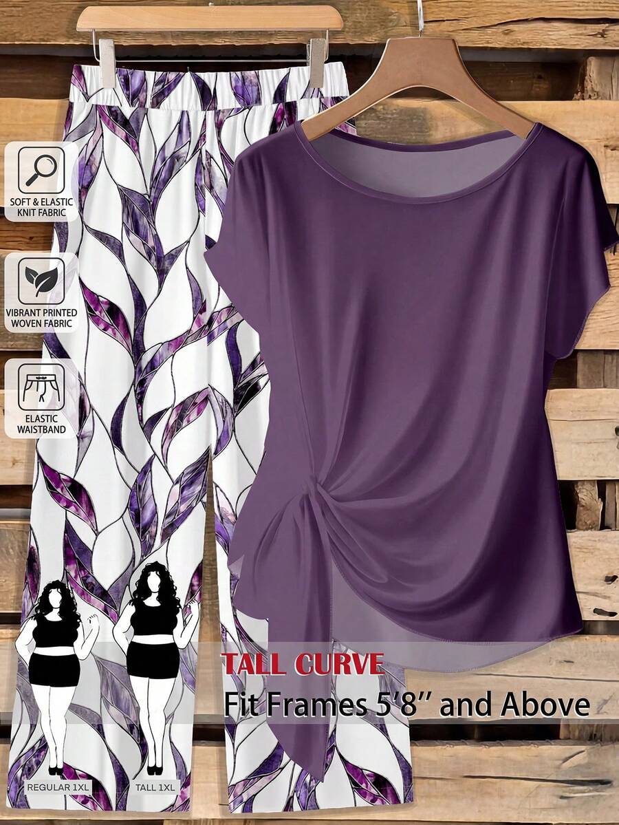 SHEIN Tall CURVE 大码女式纯色圆领短袖上衣和印花阔腿裤休闲两件套 - 紫色 - 查看 1