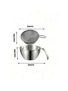 Madebyblanc 1pc/2pcs Stainless Steel Mixing Bowl With Handle And Strainer Set, Whisking Bowl For Baking, Cream Whipper, Salad Mixing Bowl With Non-Slip Bottom, Fine Mesh Sieve For Sifting Flour, Straining - Multicolor - View 5