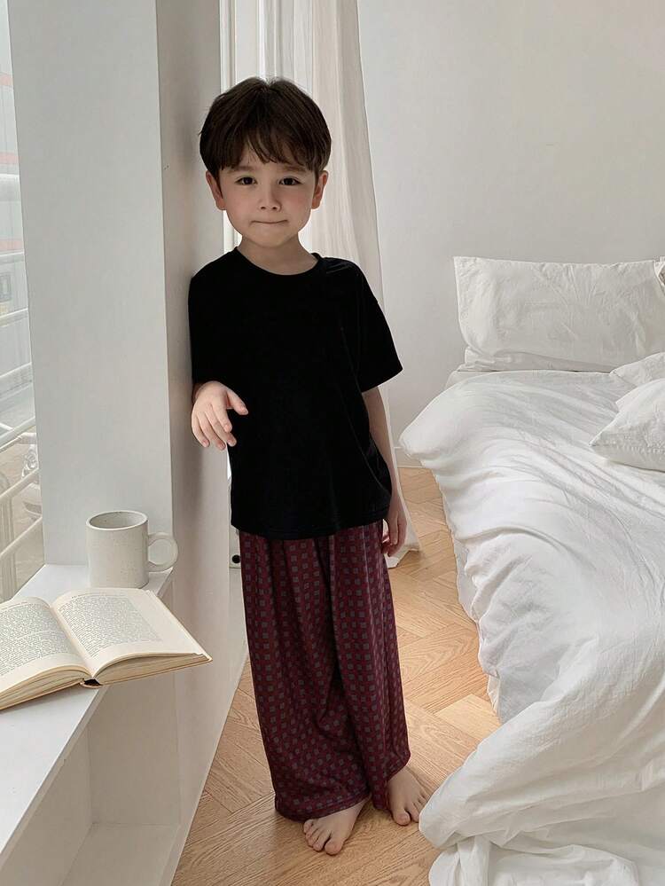 Toddler Boys' Casual Plaid Loose Straight Pants + Loose T-Shirt Pajama Set