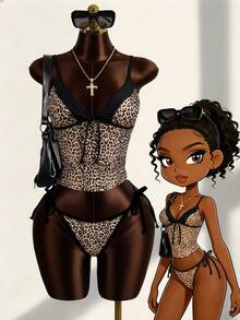 Zestiva Women's Leopard Print Tie Bow Spaghetti Strap Tankini Swimwear Set - Black - View 3