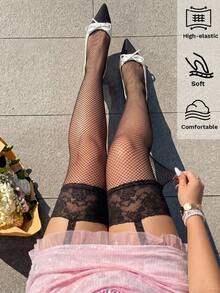GalTyme Plus Size Fashionable Sexy Elegant Lace Patchwork Hollow Out Leggings Party Night Formal Black Summer - Black - View 1