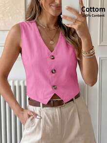 Easowa New Year Eve Office Lady Simple Solid Front Button Vest Shirt - Pink - View 1