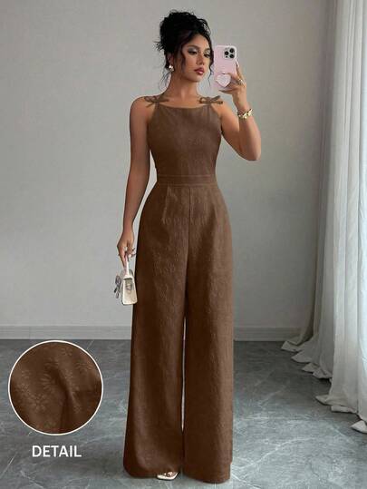 Elenzga جمبسوت أنيقة للنساء مزينة بفيونكة على الكتف، من قماش جاكار، خصر ضيق، ساق واسعة، مناسبة للتنقل اليومي