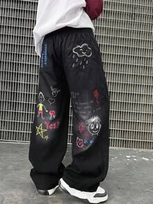 1pc Teen Boy New Spring Autumn Black Cartoon Graffiti Mid-Teen Boy Loose Fit Wide-Leg Pants - Black - View 3