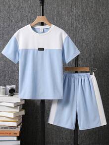2pcs Tween Boy Light Blue Striped,Summer,Casual,Vacation Crew Neck Short Sleeve T-Shirt And Shorts Set,Contrast Color Khaki Outfit For School,Sports - Baby Blue - View 3
