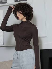 Xuxu's by Gio Chaqueta elástica de manga larga con cuello alto para mujer, informal y deportiva, para primavera y otoño - Café integral - Ver 5