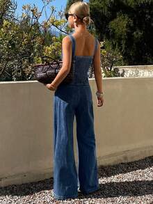 DAZY Conjunto de top con peto de mezclilla y pantalones anchos y sueltos de mezclilla casual para mujer - Azul lavado oscuro - Ver 4
