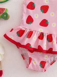 SHEIN Traje de baño con volantes de fresa para niñas, ropa de playa elegante y casual para el verano, adecuado para nadar, la playa, vacaciones - Rosa - Ver 3