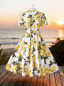 GlowEve Women's Fashion Versatile Lemon Print Button Tie Waist Short Sleeve Dress - Multicolor - View 2