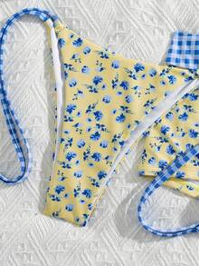 Swim Mod Bộ bikini 3 mảnh dễ thương dành cho nữ, thích hợp cho lễ hội âm nhạc bãi biển mùa xuân/hè, họa tiết hoa kẻ caro, buộc dây sau lưng. - Nhiều màu - Xem 5