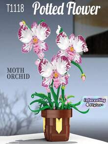 Orchid Potted Flower Building Block Model Puzzle Set, Home Decor, Stress Relief, Enjoy Peaceful Assembly Time, Holiday/Birthday Gift, Suitable For Gifting - Multicolor - View 1
