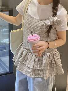 DAZY 女士格子印花多层休闲吊带背心 - 卡其色 - 查看 8