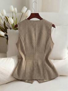 Franclia Plus Size Vintage Houndstooth Print Double-Breasted V-Neck Sleeveless Suit Vest For Work - Khaki - View 2