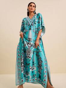LOTSLUV Vestido de mujer con estampado, cuello en V, manga de murciélago suelta, azul-verde y negro, adecuado para vacaciones de primavera/verano - Verde - Ver 4