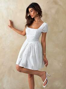 SHEIN Cottnline Women's White Eyelet Embroidery Mini Dress Short Puff Sleeve Fit And Flare Dress, Elegant Cottagecore Summer Party Vacation Outfit - White - View 5