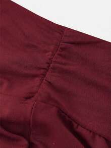 SHEIN Girlism Tween Girl Casual Fitted Light Blue Ruched Crew Neck Top And Ruched Flare Pants Set - Burgundy - View 3