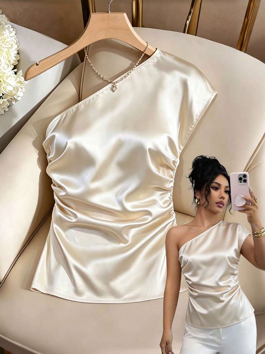 Franclia Áo kiểu nữ thanh lịch bằng vải satin trơn màu kiểu Pháp, xếp ly vai và nhún eo, thích hợp cho mùa xuân/hè, tiệc tùng, đi biển, trang trọng, thường ngày, lãng mạn, ngày Valentine, hẹn hò, mùa tốt nghiệp, thời trang thường ngày, công sở, đa năng, trang phục công sở cho giáo viên thành thị.