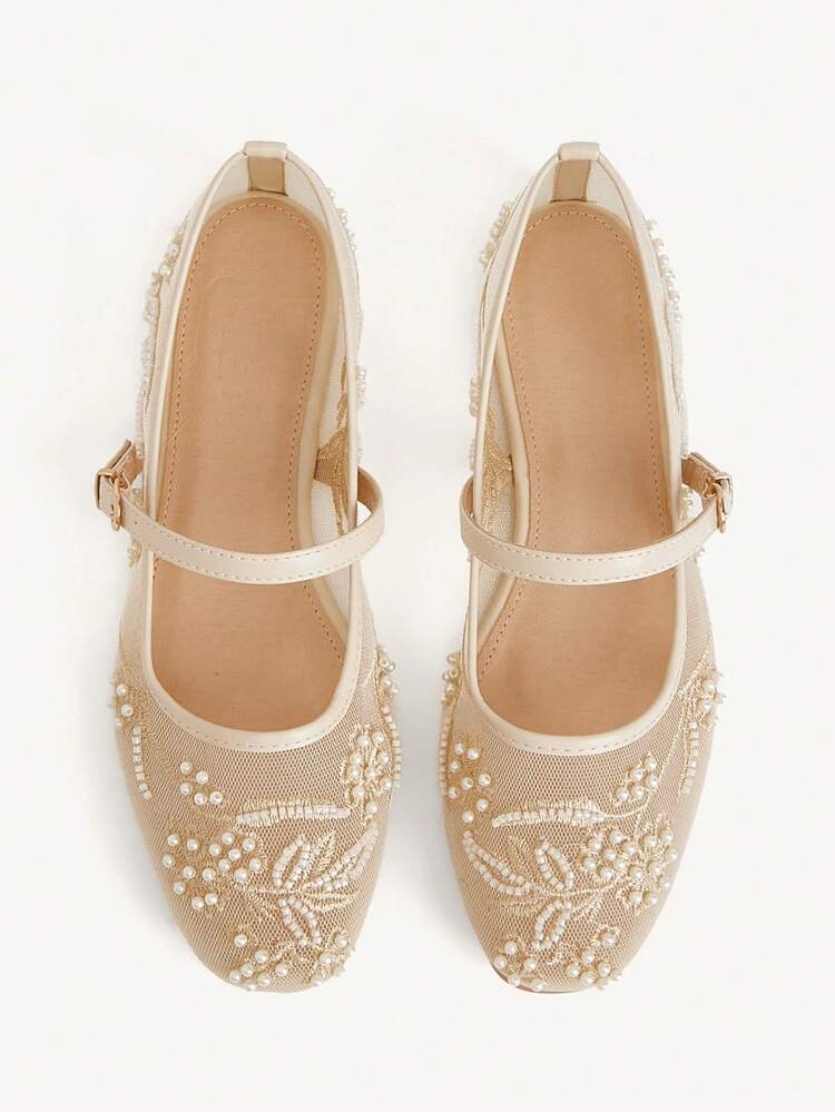 CUCCOO CHICEST Spring And Summer New Round Head Flat Bottom Apricot Mesh Embroidery Sewing Beads Women's Flat Sole Shoes Fashionable, Elegant, Comfortable And Gorgeous Wedding Banquet Women's Shoes Mary Jane Flats